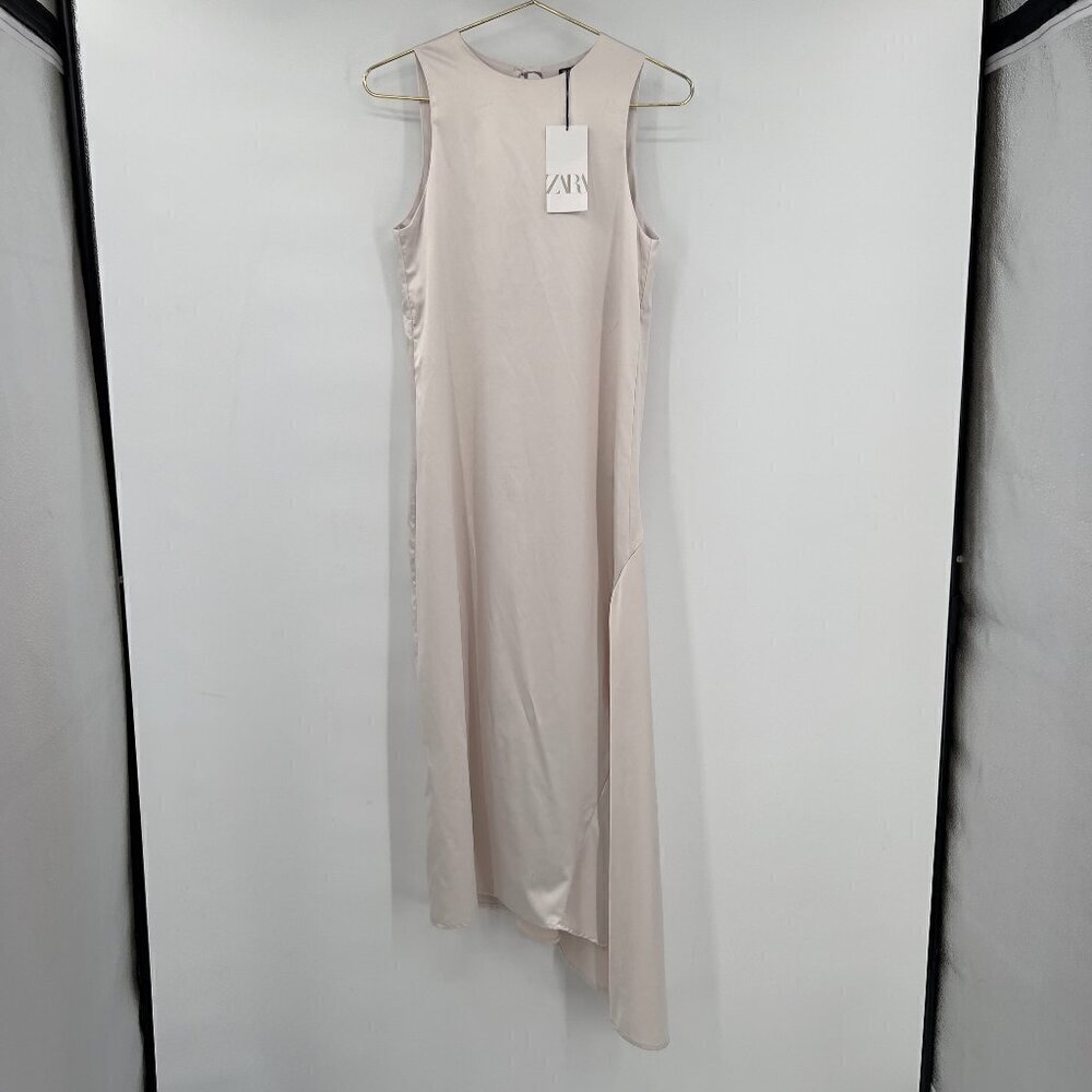 ZARA Women's Cream Sleeveless Asymmetrical Hem Midi Dress S NWT